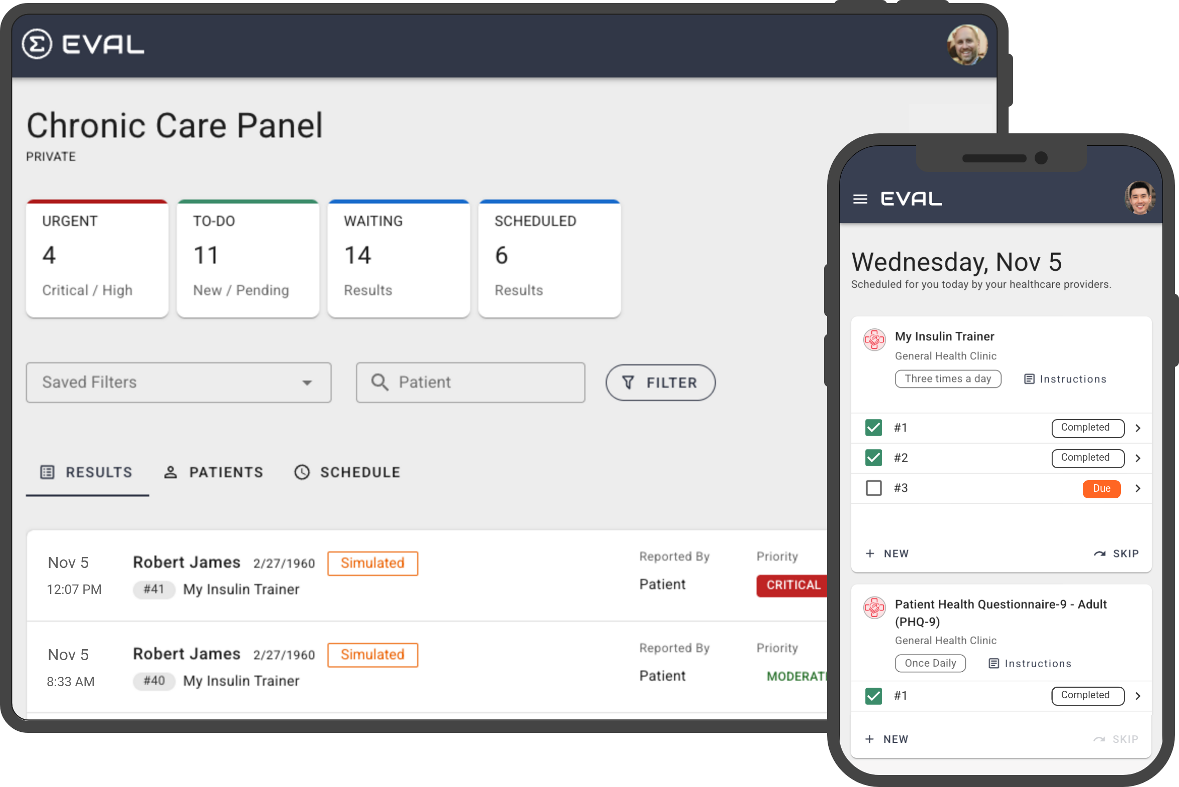 EVAL practitioner and patient portal screenshots